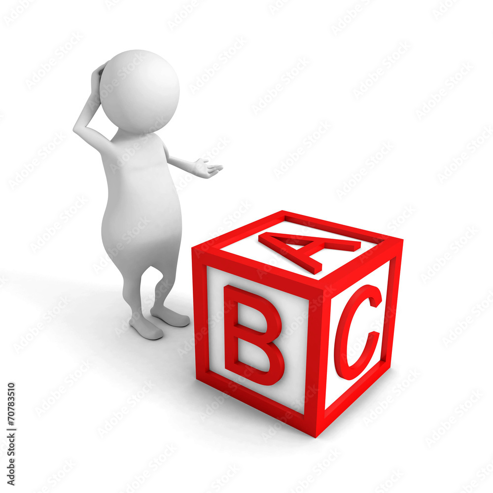 white3d person with red alphabet ABC cube