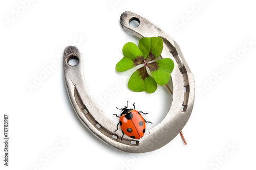 Horseshoes and clover with four leaf photo