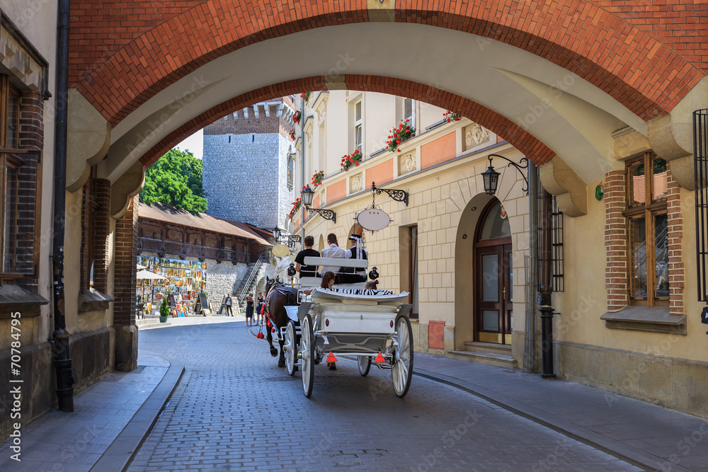 Horse-drawn carriage on the Pijarska streetin Krakow, Poland