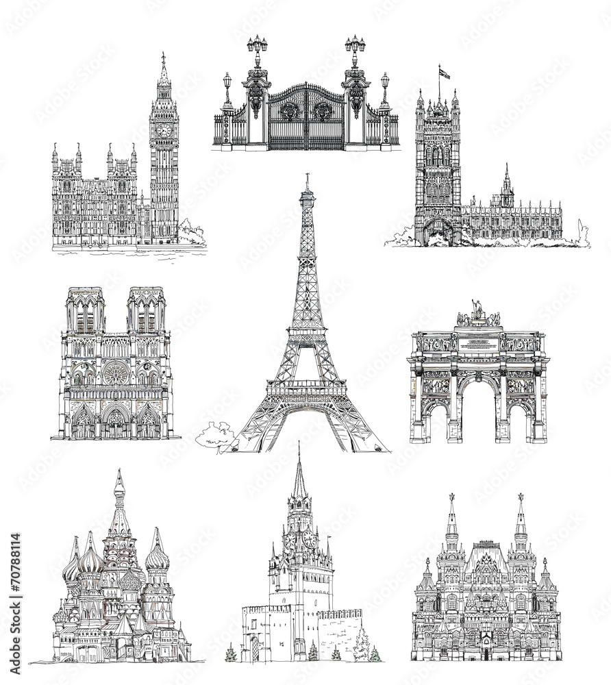 Famous buildings of London, Paris and Moscow, sketch collection