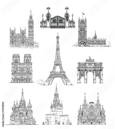 Famous buildings of London  Paris and Moscow  sketch collection
