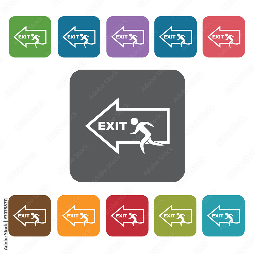 Exit sign icon. Fire fighting sign symbol icon set. Rectangle co Exit sign icon. Fire fighting sign symbol icon set. Rectangle co