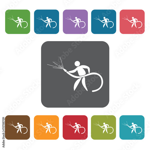 Person holding firehose icon. Fire fighting sign symbol icon set