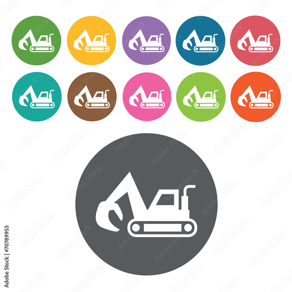 Track hoe icon. Industy icons set. Round colourful 12 buttons. V Track hoe icon. Industy icons set. Round colourful 12 buttons. V