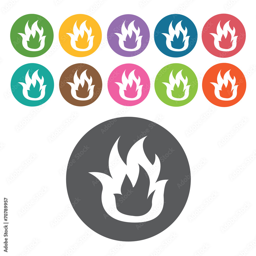 Fire icon. Industy icons set. Round colourful 12 buttons. Vector Fire icon. Industy icons set. Round colourful 12 buttons. Vector
