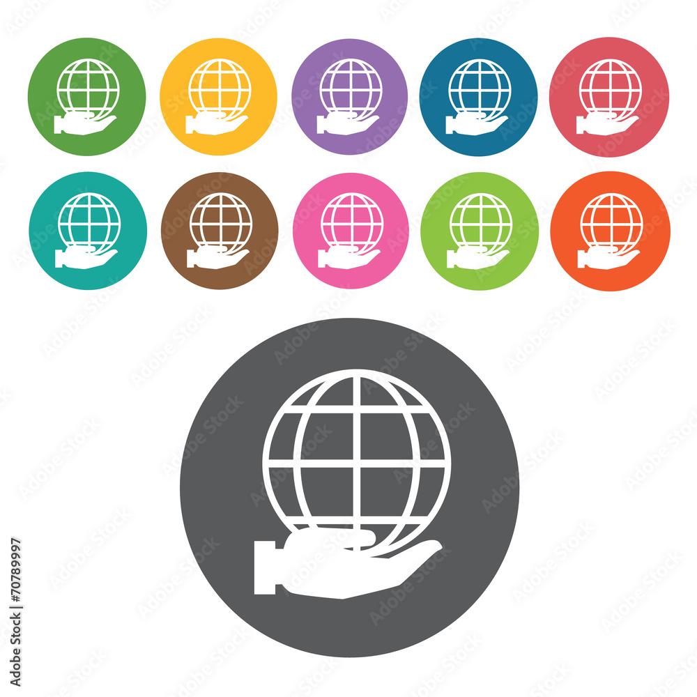 Hand with wire globe icon. Industy icons set. Round colourful 12 Hand with wire globe icon. Industy icons set. Round colourful 12