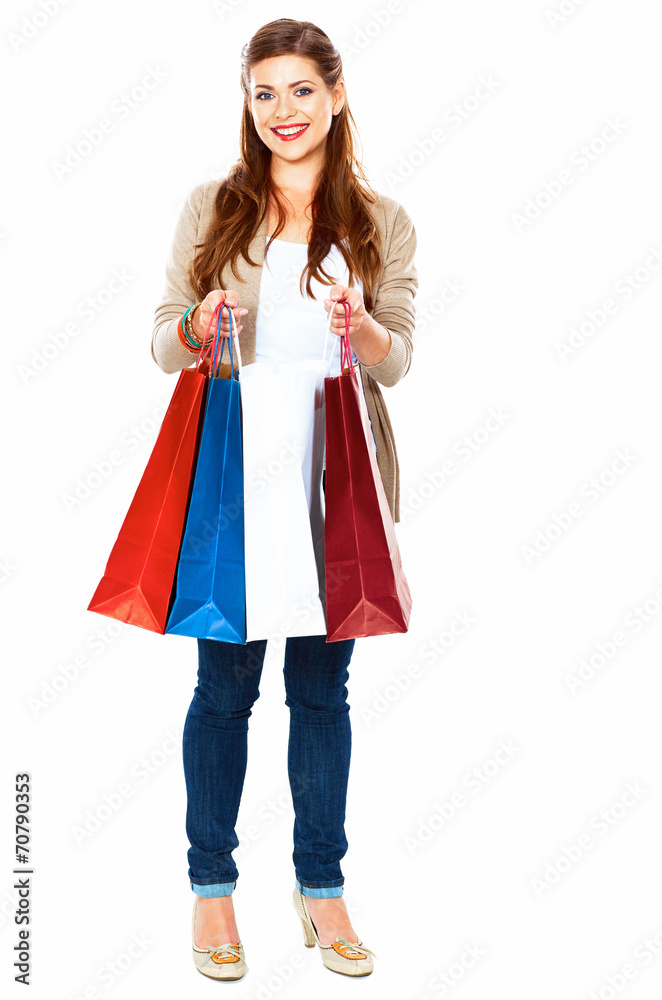 Fashion model with shopping bag. Isolated white background full