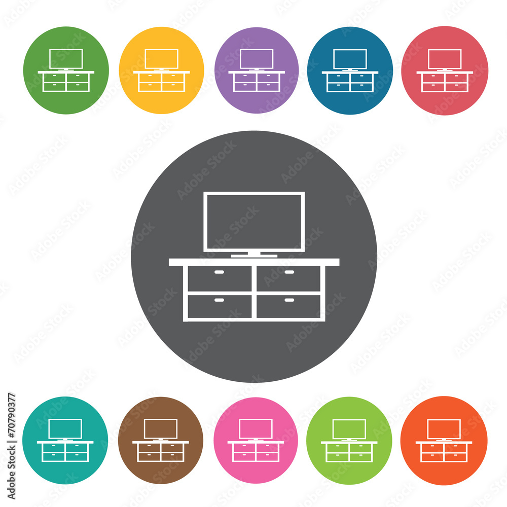 TV with drawers icon. Home Furniture Interior icon set. Round co