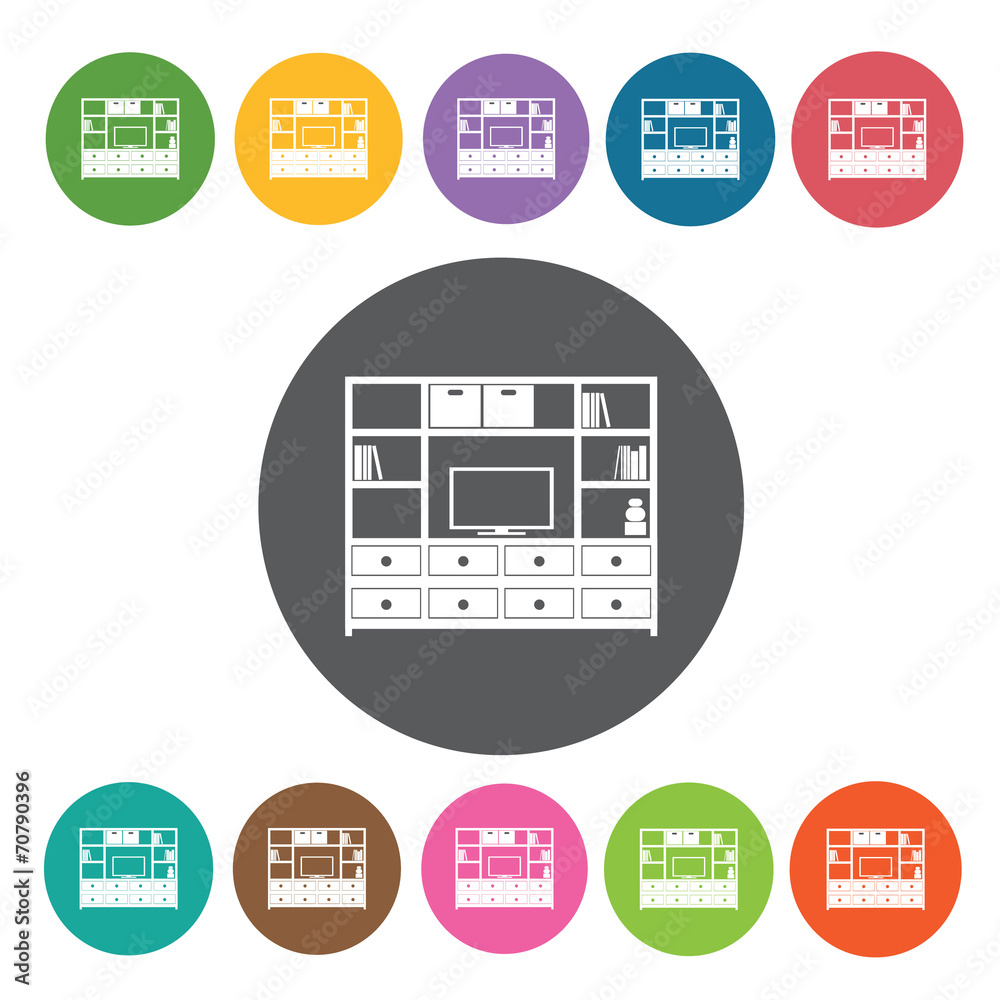 Shelf with drawers, TV, Books and boxes icon. Home Furniture Int Shelf with drawers, TV, Books and boxes icon. Home Furniture Int
