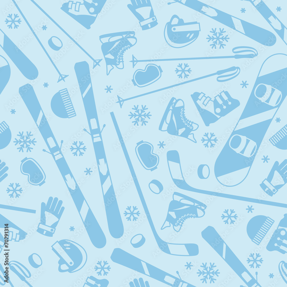 Naklejka premium Winter sports seamless pattern with equipment flat icons.