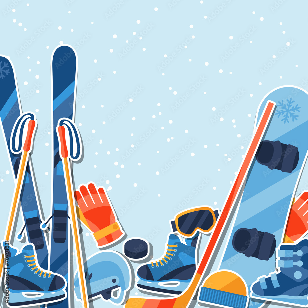 Obraz premium Winter sports background with equipment sticker flat icons.