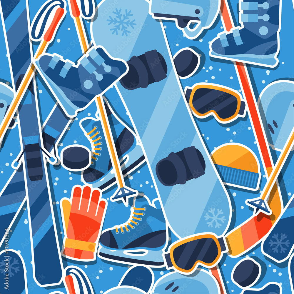 Fototapeta premium Winter sports seamless pattern with equipment sticker icons.