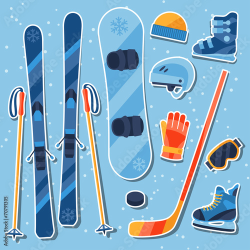 Winter sports equipment sticker icons set in flat design style.