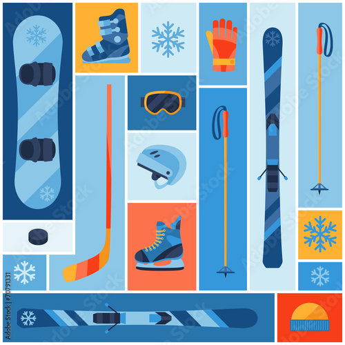 Winter sports background with equipment flat icons.