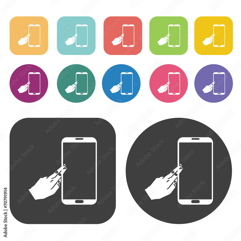Hand with two fingers on mobile phone sign icon. Round and recta Hand with two fingers on mobile phone sign icon. Round and recta