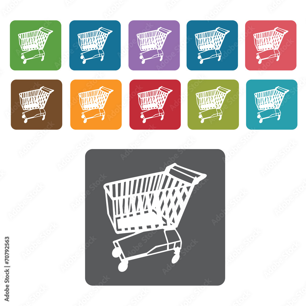 Left facing shopping cart icon. Rectangle colourful 12 buttons. Left facing shopping cart icon. Rectangle colourful 12 buttons.