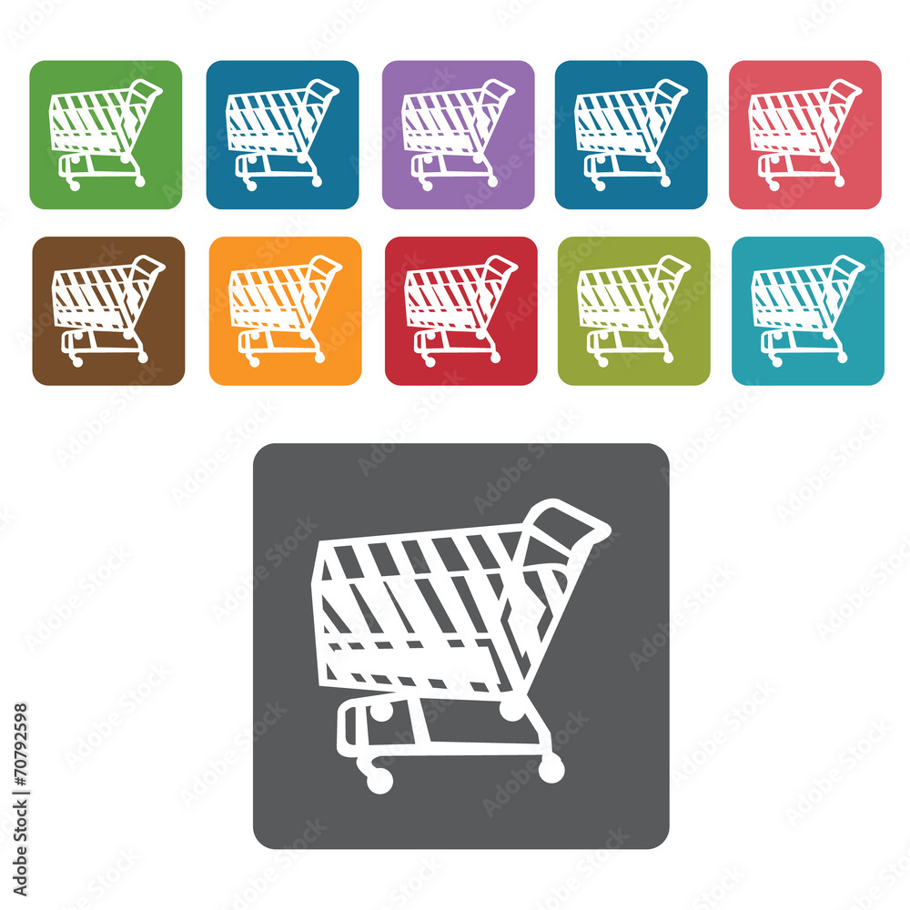 Left facing shopping cart icon. Rectangle colourful 12 buttons. Left facing shopping cart icon. Rectangle colourful 12 buttons.