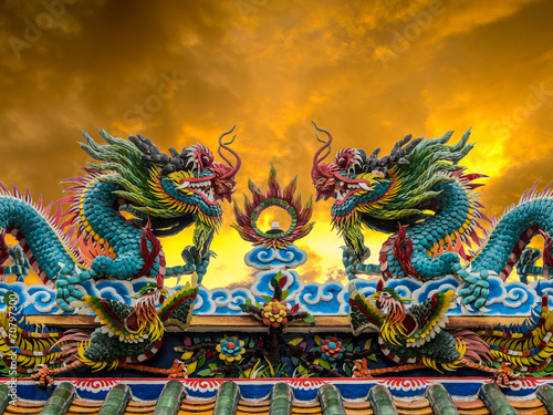 Twin dragon on top roof chinese temle