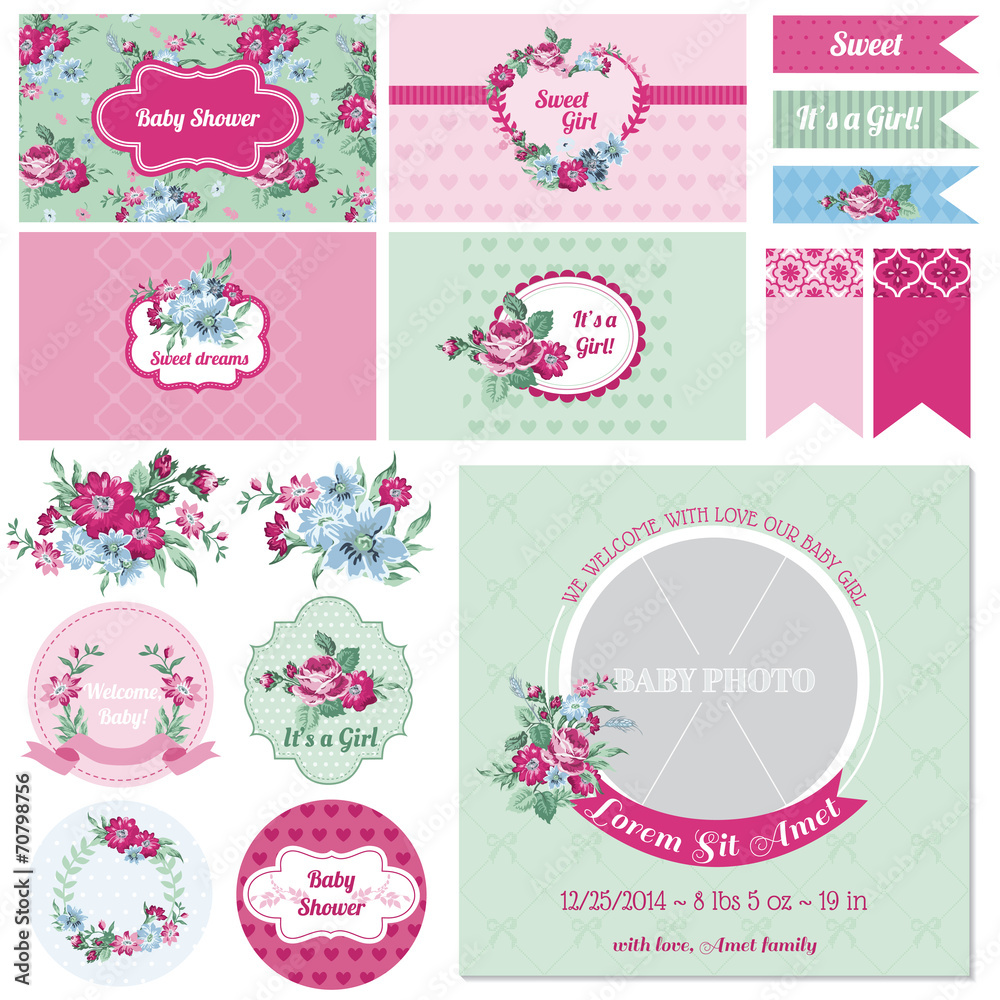 Scrapbook Design Elements - Baby Shower Flower Theme - in vector Scrapbook Design Elements - Baby Shower Flower Theme - in vector