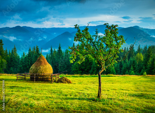 Amazing mountain landscape with fog and a haystack photo