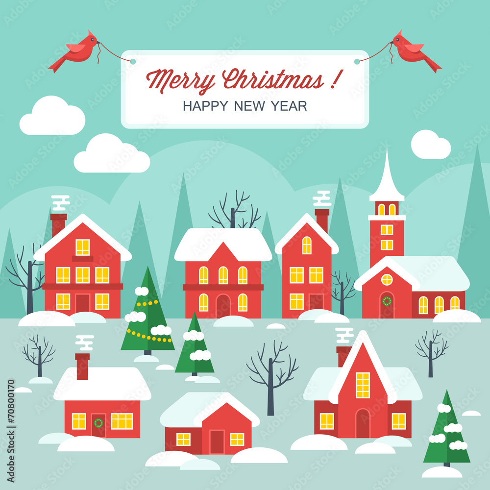 Flat design modern illustration for Christmas with winter town