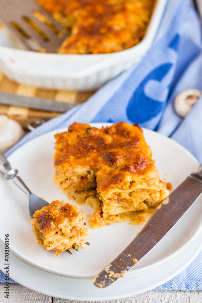 processes food meat lasagna on a white bowl, .Italian food processes food meat lasagna on a white bowl, .Italian food