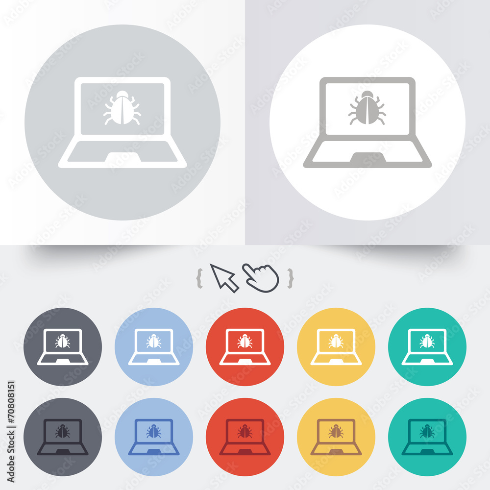 Laptop virus sign icon. Notebook software bug. Laptop virus sign icon. Notebook software bug.