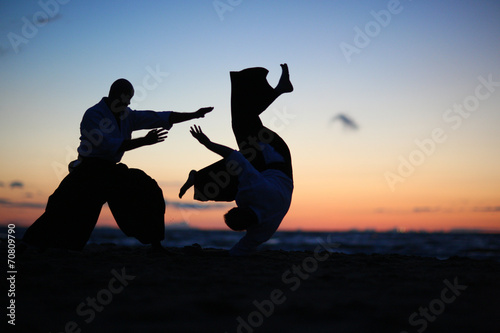 Practicing aikido technique, silhouettes of masters