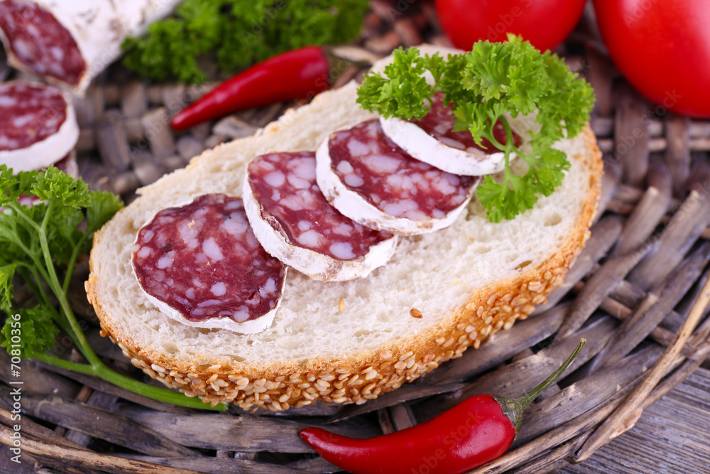 French salami with tomatoes, bread and parsley French salami with tomatoes, bread and parsley