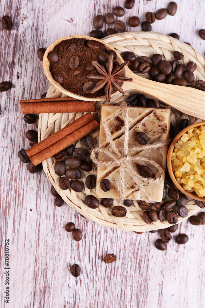 Organic soap with coffee beans, sea salt and milled coffee in Organic soap with coffee beans, sea salt and milled coffee in