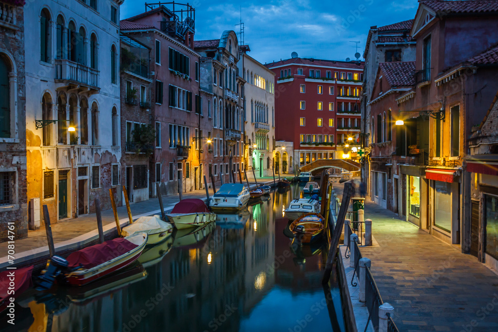view into a small canal in Venice at night