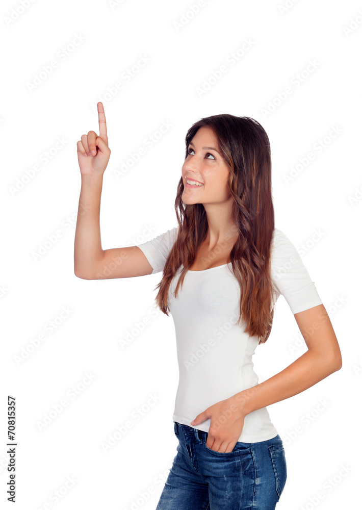 Attractive casual girl pointing up Attractive casual girl pointing up