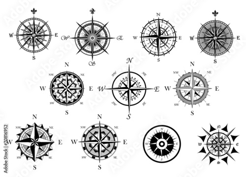 Nautical wind rose and compass icons set
