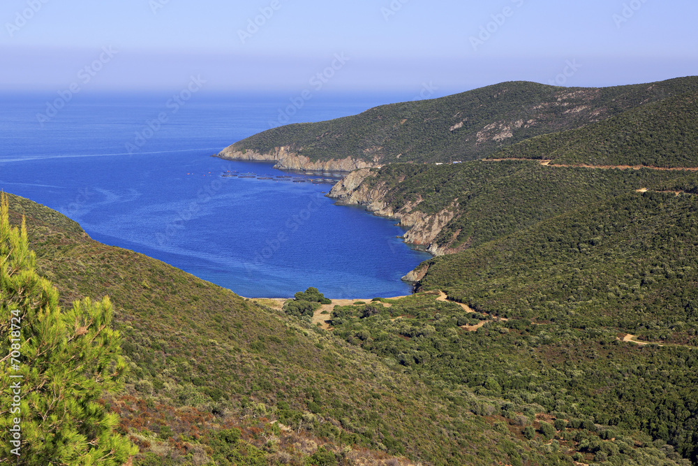 Scenic mountains and bay of the Aegean Sea.
