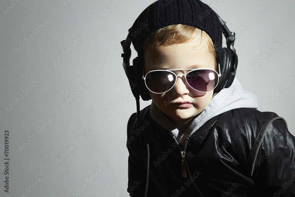 little DJ.funny boy in sunglasses and headphones.music deejay little DJ.funny boy in sunglasses and headphones.music deejay