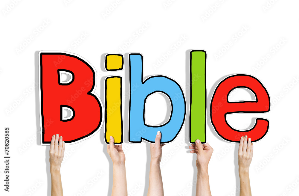 Diverse Hands Holding the Word Bible - obrazy, fototapety, plakaty 