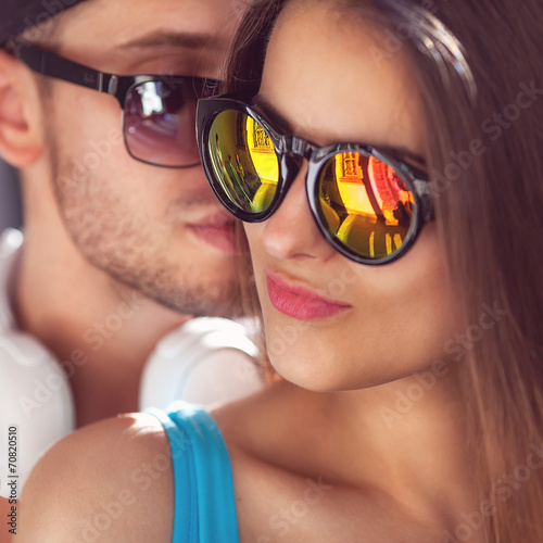 Close up portrait of happy smiling hipster couple in love
