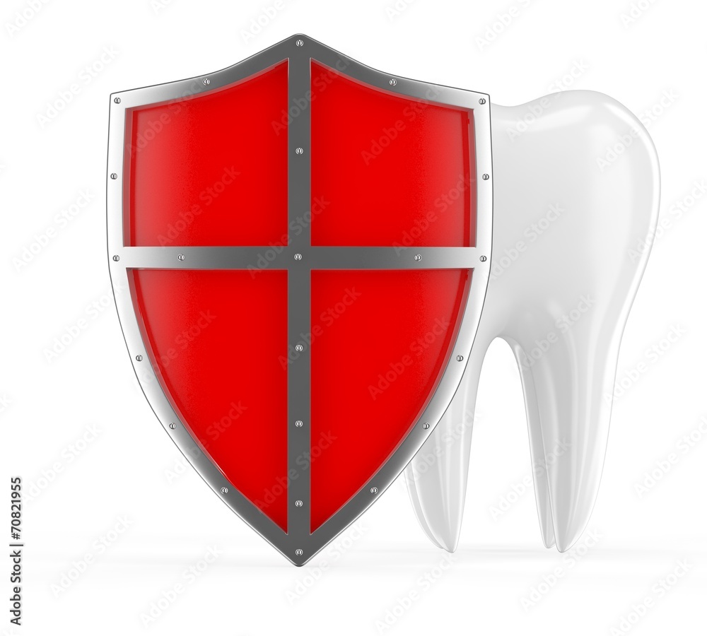 Tooth with metal shield on white background (Protection Concept)