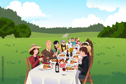 People eating in a farm table