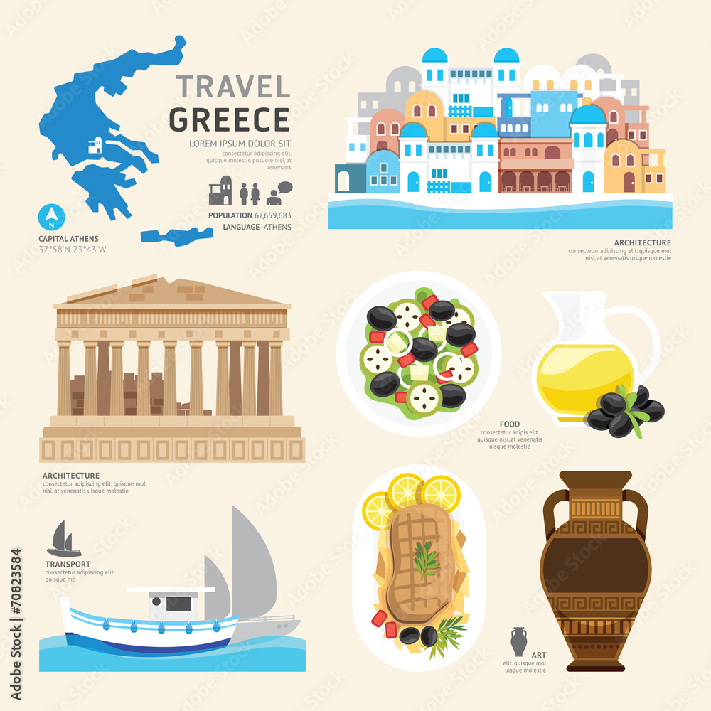 Fototapeta premium Podróży koncepcja Grecja Landmark Flat Design Design. Vector Illustr