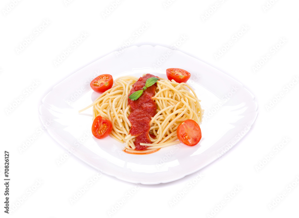 Pasta with tomato sauce and basil.