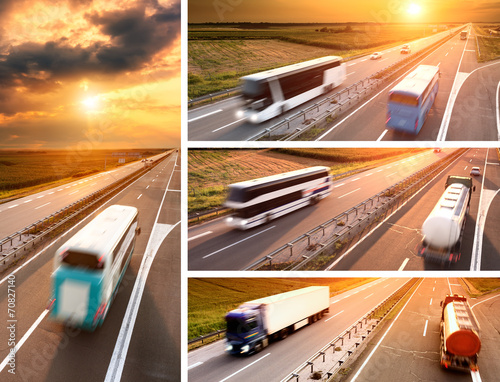 Truck and bus on highway at sunset - banner