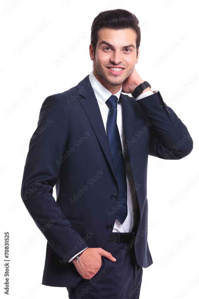 business man holding one hand to his neck business man holding one hand to his neck