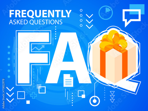Vector bright illustration faq and gift box with bow on blue bac