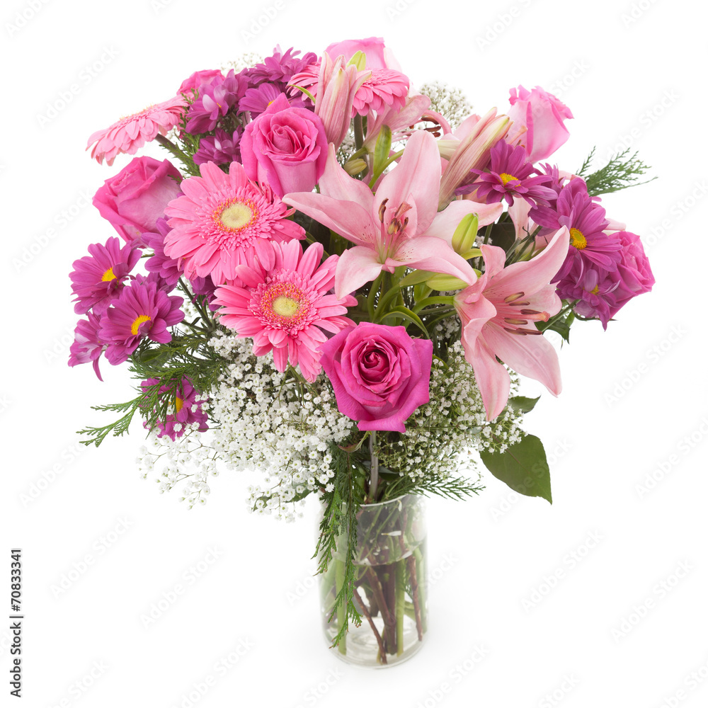 Pink flowers bunch in vase - obrazy, fototapety, plakaty 