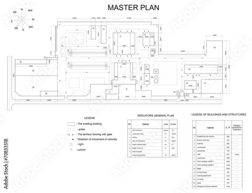 Plan industrial area. Buildings, lawns, fence and lists