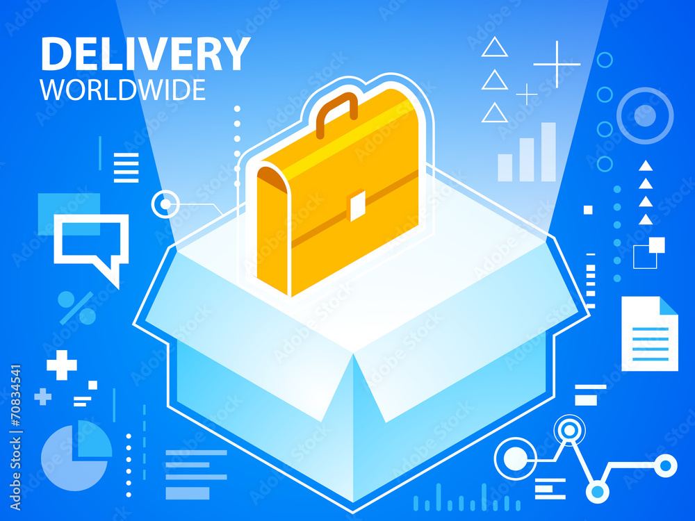 Vector bright illustration delivery box and work suitcase on blu Vector bright illustration delivery box and work suitcase on blu