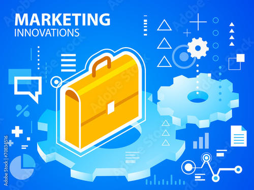 Vector bright illustration gears and work suitcase on blue backg