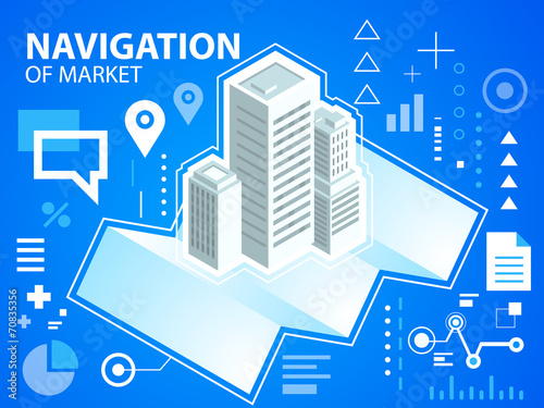 Vector bright illustration navigation map and buildings on blue