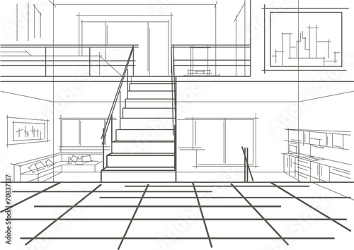 linear sketch of modern interior of a flat in tree levels